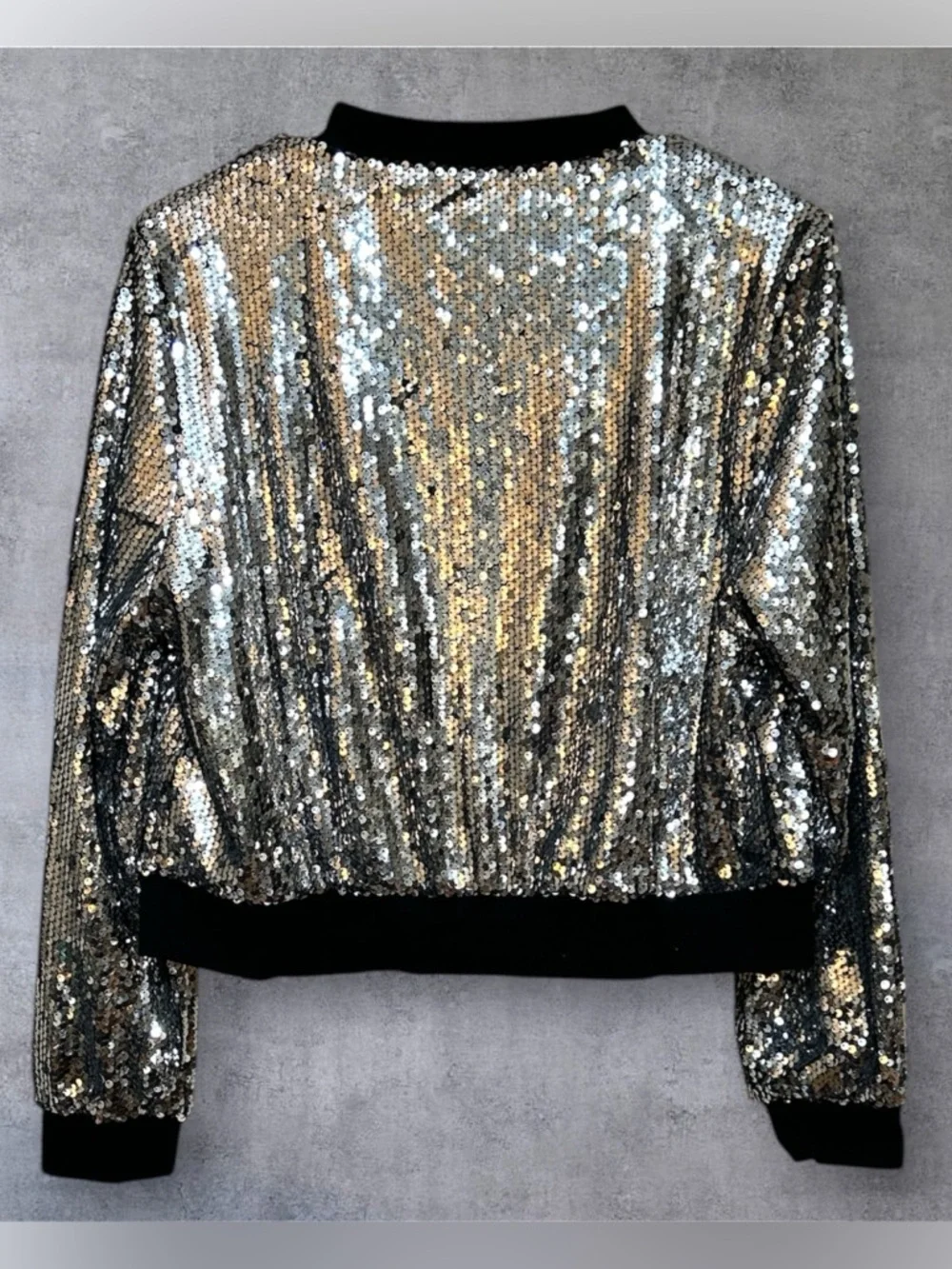 Allegra K Silver Sequin Bomber Jacket with Black Trim NWT Size Large - Picture 3 of 7